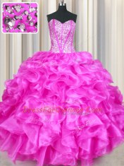 Hot Selling Floor Length Lace Up Vestidos de Quinceanera Fuchsia for Military Ball and Sweet 16 and Quinceanera with Beading and Ruffles