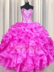 Hot Selling Floor Length Lace Up Vestidos de Quinceanera Fuchsia for Military Ball and Sweet 16 and Quinceanera with Beading and Ruffles