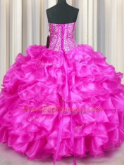 Hot Selling Floor Length Lace Up Vestidos de Quinceanera Fuchsia for Military Ball and Sweet 16 and Quinceanera with Beading and Ruffles