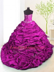 Exquisite Pick Ups Ruffled With Train Ball Gowns Sleeveless Fuchsia Vestidos de Quinceanera Brush Train Lace Up