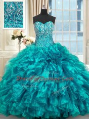 Teal Sleeveless Beading and Ruffles Lace Up Quinceanera Dresses