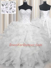 Ball Gowns Sweet 16 Dress White Sweetheart Organza Sleeveless Floor Length Lace Up