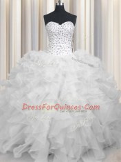 Ball Gowns Sweet 16 Dress White Sweetheart Organza Sleeveless Floor Length Lace Up