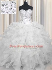 Ball Gowns Sweet 16 Dress White Sweetheart Organza Sleeveless Floor Length Lace Up