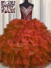 Sweetheart Sleeveless Organza Quinceanera Dress Beading and Ruffles Lace Up