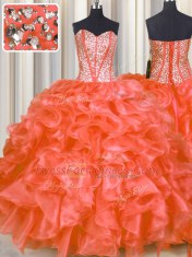 Artistic Beading and Ruffles Vestidos de Quinceanera Red Lace Up Sleeveless Floor Length