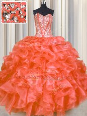 Artistic Beading and Ruffles Vestidos de Quinceanera Red Lace Up Sleeveless Floor Length
