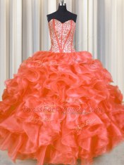 Artistic Beading and Ruffles Vestidos de Quinceanera Red Lace Up Sleeveless Floor Length