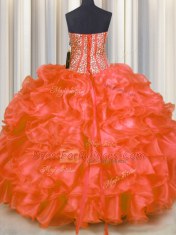 Artistic Beading and Ruffles Vestidos de Quinceanera Red Lace Up Sleeveless Floor Length