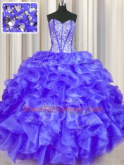Customized Beading and Ruffles Quinceanera Gowns Purple Lace Up Sleeveless Floor Length