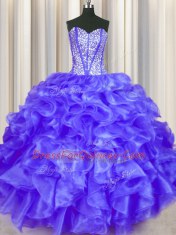 Customized Beading and Ruffles Quinceanera Gowns Purple Lace Up Sleeveless Floor Length