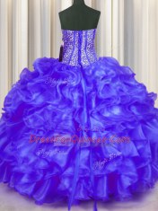 Customized Beading and Ruffles Quinceanera Gowns Purple Lace Up Sleeveless Floor Length