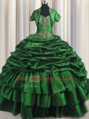 Dark Green Ball Gowns Taffeta Sweetheart Sleeveless Beading and Appliques and Pick Ups With Train Lace Up Quince Ball Gowns Brush Train