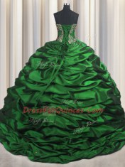 Dark Green Ball Gowns Taffeta Sweetheart Sleeveless Beading and Appliques and Pick Ups With Train Lace Up Quince Ball Gowns Brush Train