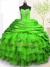 Smart Green Sleeveless With Train Beading and Appliques and Ruffled Layers and Pick Ups Lace Up Sweet 16 Dress