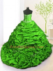Smart Green Sleeveless With Train Beading and Appliques and Ruffled Layers and Pick Ups Lace Up Sweet 16 Dress
