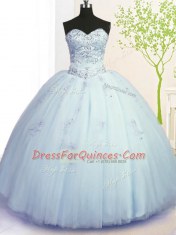 Light Blue Ball Gowns Tulle Sweetheart Sleeveless Beading and Appliques Floor Length Lace Up 15th Birthday Dress