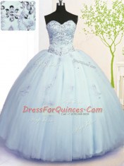 Light Blue Ball Gowns Tulle Sweetheart Sleeveless Beading and Appliques Floor Length Lace Up 15th Birthday Dress