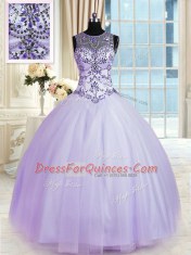 Scoop Sleeveless Tulle Floor Length Lace Up Sweet 16 Quinceanera Dress in Lavender with Beading