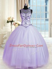 Scoop Sleeveless Tulle Floor Length Lace Up Sweet 16 Quinceanera Dress in Lavender with Beading