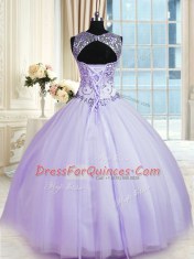 Scoop Sleeveless Tulle Floor Length Lace Up Sweet 16 Quinceanera Dress in Lavender with Beading