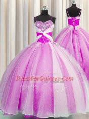 Best Selling Spaghetti Straps Beading and Sequins and Ruching Sweet 16 Dresses Fuchsia Lace Up Sleeveless Floor Length