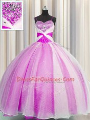 Best Selling Spaghetti Straps Beading and Sequins and Ruching Sweet 16 Dresses Fuchsia Lace Up Sleeveless Floor Length