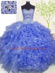 Blue Sweetheart Neckline Beading and Ruffles and Pick Ups Quinceanera Gowns Sleeveless Lace Up