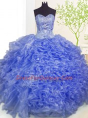 Blue Sweetheart Neckline Beading and Ruffles and Pick Ups Quinceanera Gowns Sleeveless Lace Up