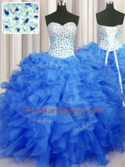 Gorgeous Floor Length Lace Up Quinceanera Dresses Blue for Military Ball and Sweet 16 and Quinceanera with Beading and Ruffles