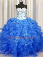 Gorgeous Floor Length Lace Up Quinceanera Dresses Blue for Military Ball and Sweet 16 and Quinceanera with Beading and Ruffles