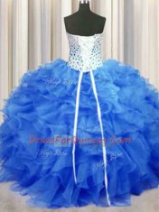 Gorgeous Floor Length Lace Up Quinceanera Dresses Blue for Military Ball and Sweet 16 and Quinceanera with Beading and Ruffles