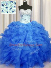 Gorgeous Floor Length Lace Up Quinceanera Dresses Blue for Military Ball and Sweet 16 and Quinceanera with Beading and Ruffles