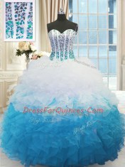 Sophisticated Beading and Ruffles Quince Ball Gowns Blue And White Lace Up Sleeveless Floor Length
