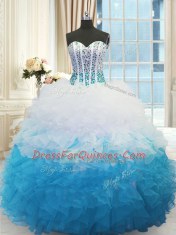 Sophisticated Beading and Ruffles Quince Ball Gowns Blue And White Lace Up Sleeveless Floor Length