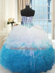 Sophisticated Beading and Ruffles Quince Ball Gowns Blue And White Lace Up Sleeveless Floor Length
