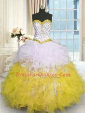 Yellow And White Ball Gowns Sweetheart Sleeveless Organza Floor Length Lace Up Beading and Ruffles Ball Gown Prom Dress