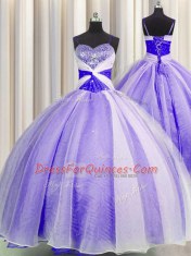 Organza Spaghetti Straps Sleeveless Lace Up Beading and Sequins and Ruching Sweet 16 Quinceanera Dress in Lavender