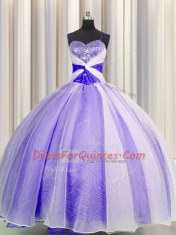 Organza Spaghetti Straps Sleeveless Lace Up Beading and Sequins and Ruching Sweet 16 Quinceanera Dress in Lavender