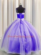 Organza Spaghetti Straps Sleeveless Lace Up Beading and Sequins and Ruching Sweet 16 Quinceanera Dress in Lavender