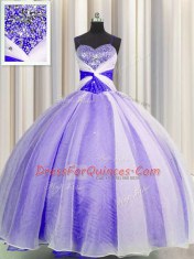 Organza Spaghetti Straps Sleeveless Lace Up Beading and Sequins and Ruching Sweet 16 Quinceanera Dress in Lavender