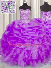 Exquisite Purple Vestidos de Quinceanera Military Ball and Sweet 16 and Quinceanera and For with Beading and Ruffles and Pick Ups Sweetheart Sleeveless Lace Up