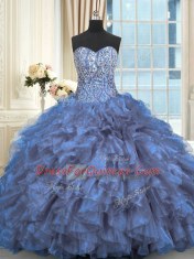 Lace Up Sweet 16 Dresses Blue for Military Ball and Sweet 16 and Quinceanera with Beading and Ruffles Brush Train