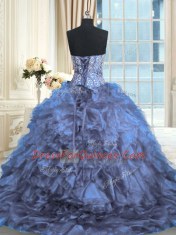 Lace Up Sweet 16 Dresses Blue for Military Ball and Sweet 16 and Quinceanera with Beading and Ruffles Brush Train