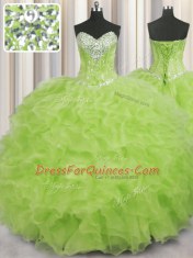 Yellow Green Organza Lace Up 15th Birthday Dress Sleeveless Floor Length Beading and Ruffles