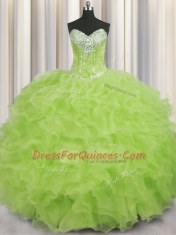 Yellow Green Organza Lace Up 15th Birthday Dress Sleeveless Floor Length Beading and Ruffles