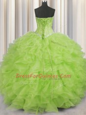 Yellow Green Organza Lace Up 15th Birthday Dress Sleeveless Floor Length Beading and Ruffles