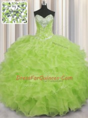 Yellow Green Organza Lace Up 15th Birthday Dress Sleeveless Floor Length Beading and Ruffles