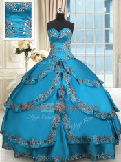 Ruffled Blue Sleeveless Taffeta Lace Up Ball Gown Prom Dress for Military Ball and Sweet 16 and Quinceanera
