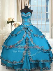 Ruffled Blue Sleeveless Taffeta Lace Up Ball Gown Prom Dress for Military Ball and Sweet 16 and Quinceanera